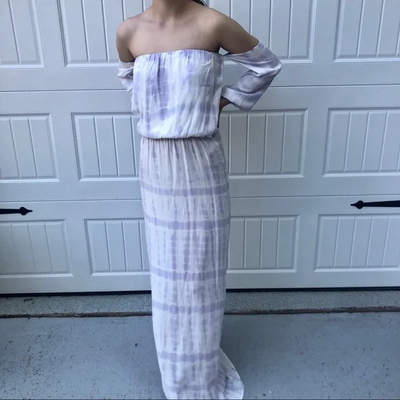 NWOT White & lilac strapless maxi dress w/ sleeves - Picture 2 of 6